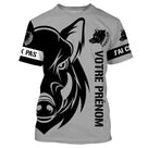 T-shirt chasse sanglier all-over gris motif tête sanglier tribal noir message J'peux pas j'ai chasse prénom personnalisé