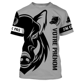 T-shirt chasse sanglier all-over gris motif tête sanglier tribal noir message J'peux pas j'ai chasse prénom personnalisé