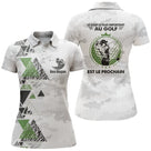 Polo golf femme blanc camouflage géométrique vert médaillon Ben Hogan citation coupe cintrée tissu respirant
