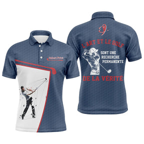 Polo golf homme bleu marine insert blanc balle de golf silhouette golfeur swing accents rouges citation art vérité prénom