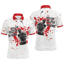 Polo golf homme blanc éclaboussures rouge écarlate silhouette golfeur swing slogan Meilleur Golfeur du Monde col rouge