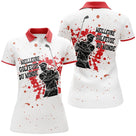 Polo golf femme blanc éclaboussures rouge silhouette golfeur swing slogan Meilleur Golfeur du Monde coupe cintrée