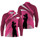 Polo manches longues golf unisexe rose vif deux silhouettes golfeuses swing Lady Squad tissu respirant