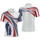 Polo golf homme blanc texture balle de golf étoiles bleu marine bandes rouges drapeau USA silhouette golfeur swing
