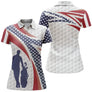 Polo golf femme blanc étoiles bleu marine bandes rouges drapeau USA silhouette golfeur coupe cintrée tissu respirant