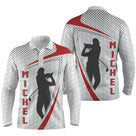 Polo manches longues golf unisexe blanc arcs rouge silhouettes golfeurs swing prénom personnalisé tissu respirant