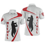 Polo golf homme blanc texture balle de golf arcs rouge écarlate deux silhouettes golfeurs swing prénom Michel central