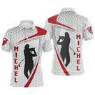 Polo golf homme blanc texture balle de golf arcs rouge écarlate deux silhouettes golfeurs swing prénom Michel central
