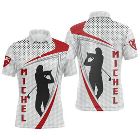 Polo golf homme blanc texture balle de golf arcs rouge écarlate deux silhouettes golfeurs swing prénom Michel central