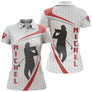 Polo golf femme blanc arcs rouge écarlate deux silhouettes golfeurs swing prénom personnalisé coupe cintrée tissu respirant