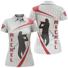 Polo golf femme blanc arcs rouge écarlate deux silhouettes golfeurs swing prénom personnalisé coupe cintrée tissu respirant