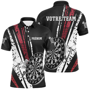 Polo fléchettes noir blanc rouge homme avec cibles style urbain Darts, prénom et équipe personnalisés