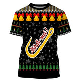 Pull Noël Mords-moi noir avec gros crochet de pêche jaune et lettrage manuscrit rouge, motifs jacquard cloches