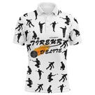 Polo pétanque blanc Tireur d'Élite avec silhouettes boulistes répétées et lettrage rouge orange viseur cible