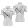 Polo golf homme blanc texture balle de golf onde sonore noire dynamique épaule arc devant coupe ajustée séchage rapide