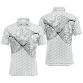 Polo golf homme blanc texture balle de golf onde sonore noire dynamique épaule arc devant coupe ajustée séchage rapide