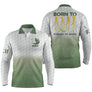Polo manches longues golf unisexe blanc dégradé vert silhouettes golfeurs slogan Born to Golf Forced to Work tissu respirant