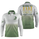 Polo manches longues golf unisexe blanc dégradé vert silhouettes golfeurs slogan Born to Golf Forced to Work tissu respirant