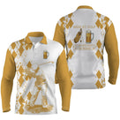 Polo manches longues golf unisexe argyle blanc jaune chope bière slogan Bière et Golf Bonheur tissu respirant