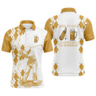 Polo golf homme argyle blanc jaune moutarde silhouette golfeur swing chope bière slogan Bière et Golf Ingrédients du Bonheur