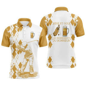 Polo golf homme argyle blanc jaune moutarde silhouette golfeur swing chope bière slogan Bière et Golf Ingrédients du Bonheur