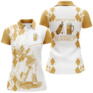 Polo golf femme argyle blanc jaune moutarde silhouette golfeur chope bière slogan Bière et Golf Bonheur coupe cintrée