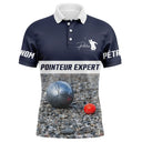 Polo pétanque bleu marine et blanc message pointeur expert silhouette joueur photo boules sable cochonnet rouge PRÉNOM
