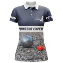 Polo pétanque bleu marine vue dos message pointeur expert silhouette joueur boules cochonnet