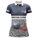 Polo pétanque bleu marine vue dos message pointeur expert silhouette joueur boules cochonnet