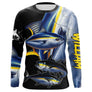 T-shirt anti UV manches longues pêche thon jaune, collage all-over et fond noir bleu marine, vêtement halieutique