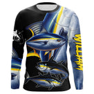 T-shirt anti UV manches longues pêche thon jaune, collage all-over et fond noir bleu marine, vêtement halieutique
