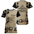 T-shirt pétanque sable beige vue détail message retraité bouliste sublimation damier élégant