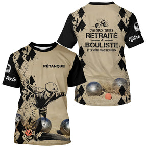 T-shirt pétanque sable beige damier silhouette joueur lancer message j'ai deux titres retraité bouliste boules