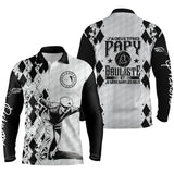 Polo pétanque homme col zippé blanc papy bouliste argyle, marquage prénom personnalisable
