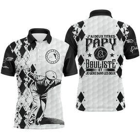 Polo papy bouliste blanc noir argyle avec silhouette bouliste et lettrage Deux titres Papy Bouliste, prénom imprimé