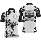 Polo papy pétanque blanc noir argyle avec silhouette bouliste et lettrage Papy Tireur Génial Plus Cool, prénom imprimé