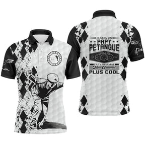 Polo papy pétanque blanc noir argyle avec silhouette bouliste et lettrage Papy Tireur Génial Plus Cool, prénom imprimé