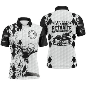 Polo pétanque personnalisé blanc noir argyle avec silhouette bouliste et lettrage Plan de retraite Pétanque, prénom