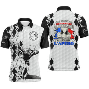 Polo pétanque personnalisé blanc noir argyle avec drapeau France et silhouette bouliste, lettrage Apéro et prénom