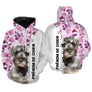 Hoodie Schnauzer Nain femme all-over fond blanc roses violettes motif Zwergschnauzer photo prénom personnalisés