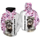 Hoodie Schnauzer Nain femme all-over fond blanc roses violettes motif Zwergschnauzer photo prénom personnalisés