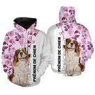 Hoodie Cavalier King Charles femme all-over fond blanc roses violettes motif spaniel blenheim photo prénom personnalisés