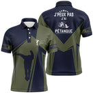 Polo pétanque bleu marine et vert kaki silhouette tireur en lancer message j'peux pas j'ai pétanque PRÉNOM personnalisé