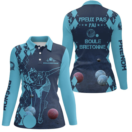 Polo Femme Personnalisé, Cadeau Humour Bouliste, J'Peux Pas J'ai Boule Bretonne - Polo femme manches longues bleu marine