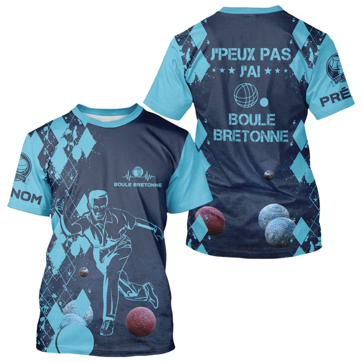 T-shirt all-over boule bretonne bleu marine humour devant joueur boules colorées prénom personnalisé