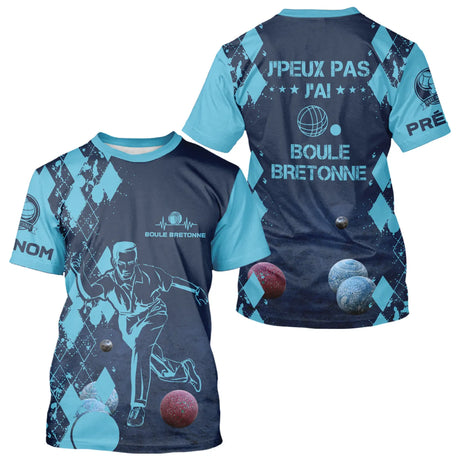 T-shirt all-over boule bretonne bleu marine humour devant joueur boules colorées prénom personnalisé