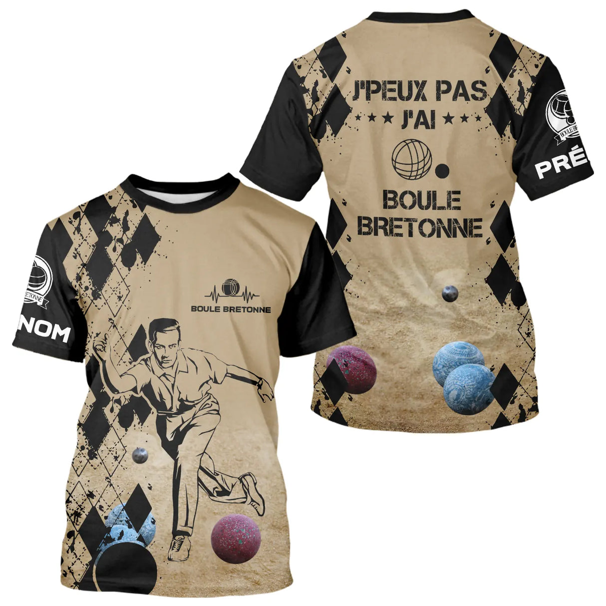 T-shirt all-over boule bretonne sable humour devant joueur boules colorées prénom personnalisé