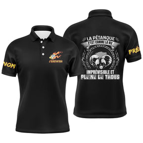 Polo pétanque homme noir humour vie imprévisible trous citation boules dos texte manche personnalisé