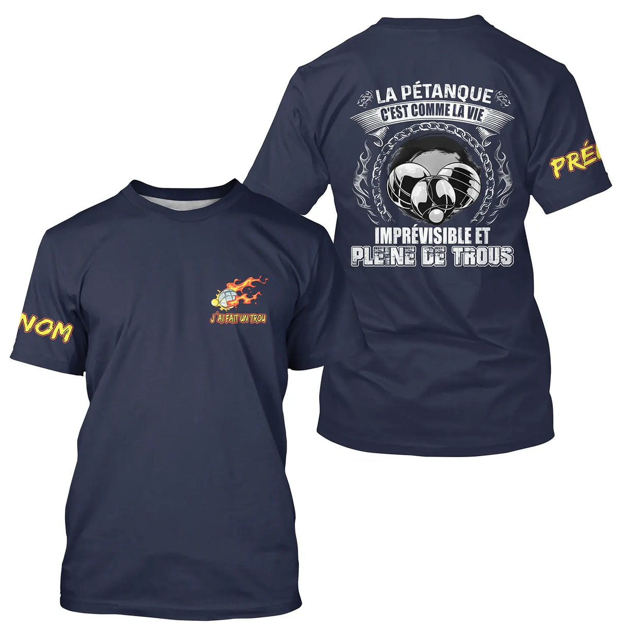 T-shirt pétanque all-over vert humour vie imprévisible trous citation boules dos texte manche personnalisé