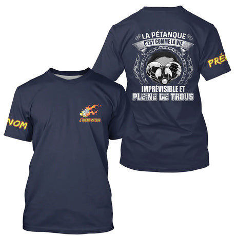 T-shirt pétanque all-over vert humour vie imprévisible trous citation boules dos texte manche personnalisé